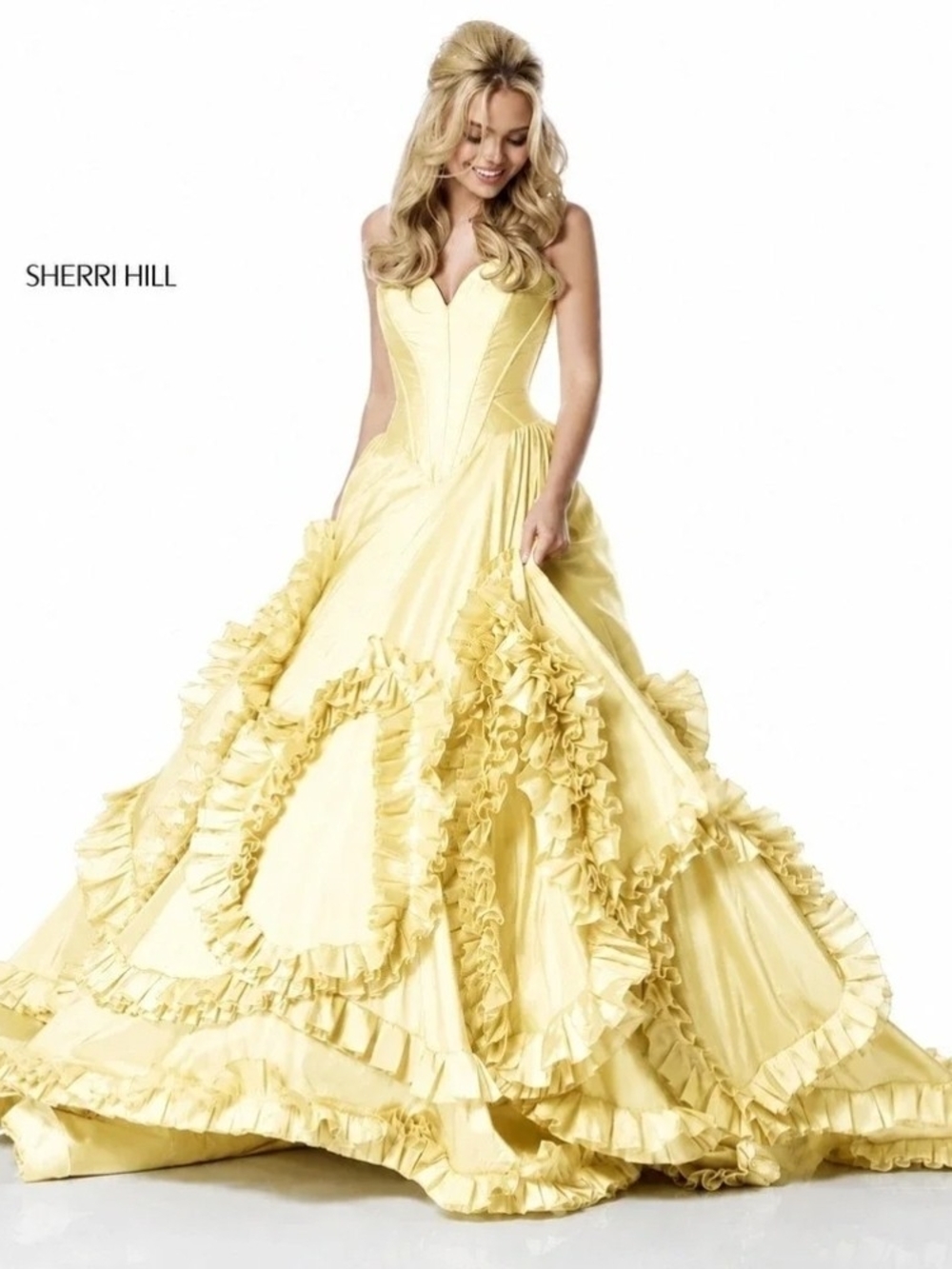 Sherri Hill Lemon Yellow Ruffled Ball Gown Sz 2